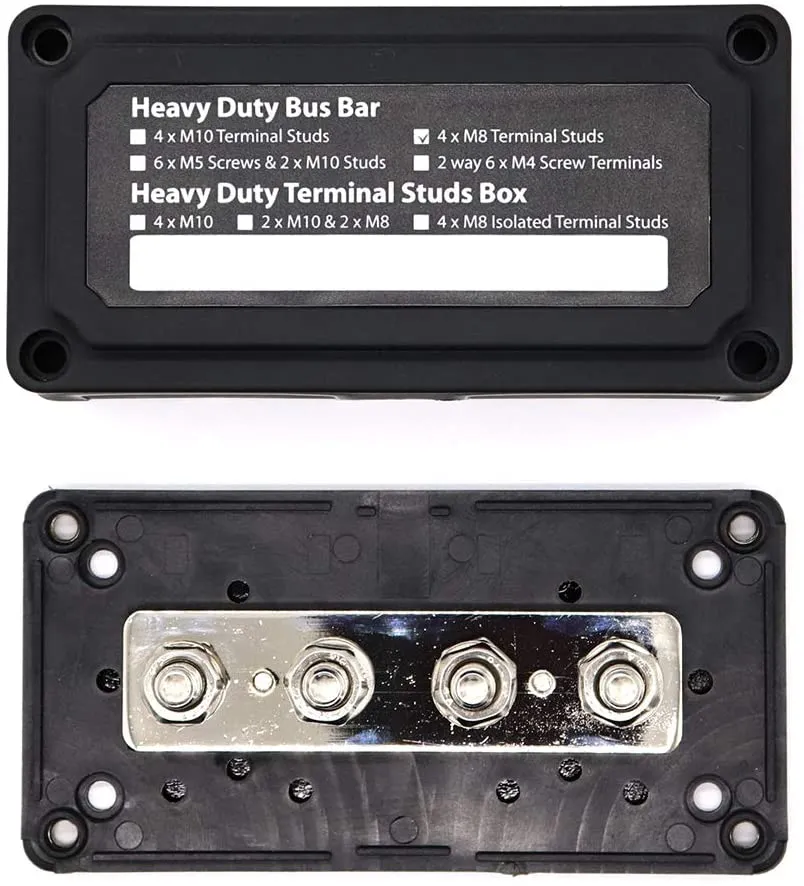 Offgridtec BusBar Box 4 x M8 Anschlussbolzen inkl. Abdeckung und  Befestigungsschrauben schwarz